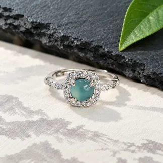 Grade A Blue Water Halo Square Natural Jadeite Cabochon Ring S925 Silver · No. 7144