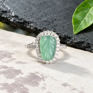 Grade A Icy Blue Water Leaf Carving Natural Jadeite Ring S925 Silver · No. C80B