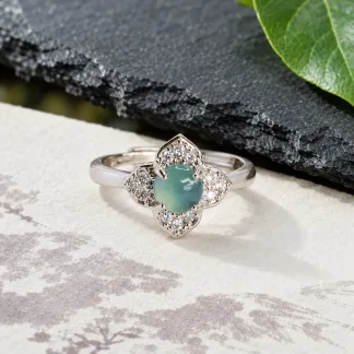 Grade A Blue Water Four Petal Prong Natural Jadeite Cabochon Ring S925 Silver · No. 69CD