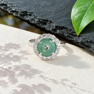 Grade A Blue Water Safety Coin Natural Jadeite Ring S925 Silver · No. 7650