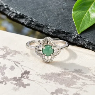 Grade A Blue Water Clover Natural Jadeite Cabochon Ring S925 Silver · No. F2A9