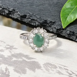Grade A Blue Water Oval Pavé Natural Jadeite Cabochon Ring S925 Silver · No. 64A5