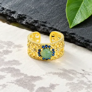 Grade A Gold Tone Blue Water Open Natural Jadeite Cabochon Ring S925 Silver · No. 0086