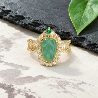 Grade A Gold Tone Blue Water Leaf Pavé Row Natural Jadeite Ring S925 Silver · No. 28F4