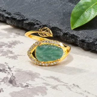 Grade A Gold Tone Blue Water Open Leaf Carving Natural Jadeite Ring S925 Silver · No. 636E31