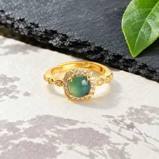 Grade A Gold Tone Blue Water Sugar Cube Natural Jadeite Cabochon Ring S925 Silver · No. 78C7