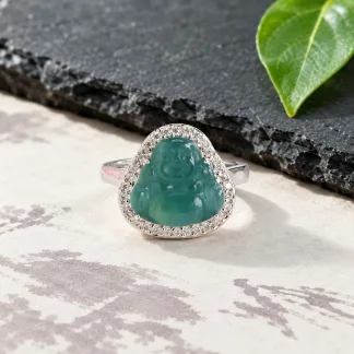 Grade A Blue Water Laughing Buddha Pavé Natural Jadeite Ring S925 Silver · No. 9F3B