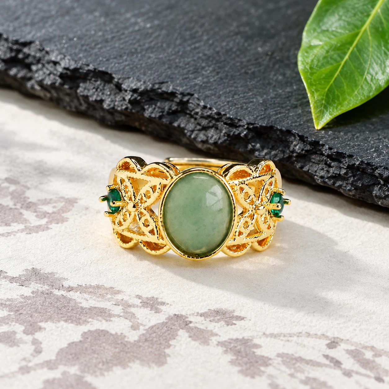 Grade A Gold Tone Blue Water Butterfly Natural Jadeite Cabochon Ring S925 Silver · No. FCDF
