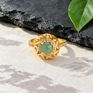 Grade A Gold Tone Blue Water Ruyi Prong Natural Jadeite Cabochon Ring S925 Silver · No. DEEA