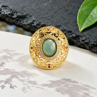 Grade A Gold Tone Blue Water Ruyi Cloud Natural Jadeite Cabochon Ring S925 Silver · No. 81C3