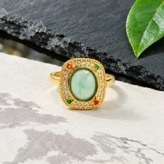 Grade A Gold Tone Blue Water Vintage Square Natural Jadeite Cabochon Ring S925 Silver · No. 6B8E