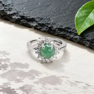 Grade A Blue Water Sunflower Natural Jadeite Cabochon Ring S925 Silver · No. 9FA6