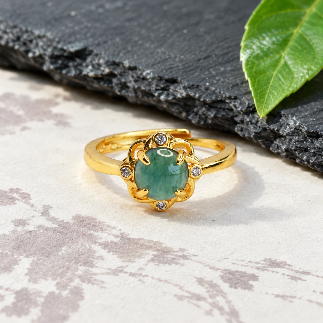 Grade A Gold Tone Blue Water Flower Halo Natural Jadeite Cabochon Ring S925 Silver · No. 7048