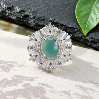 Grade A Blue Water Gilded Jade Natural Jadeite Cabochon Ring S925 Silver · No. 5CFB