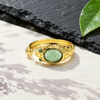 Grade A Gold Tone Blue Water Open Serpent Natural Jadeite Cabochon Ring S925 Silver · No. 3F61