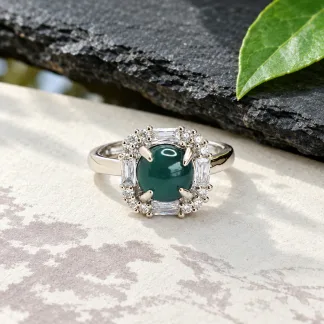 Grade A Blue Water Framed Square Natural Jadeite Cabochon Ring S925 Silver · No. 805C