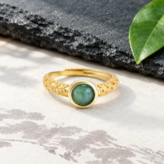Grade A Gold Tone Blue Water Petite Halo Natural Jadeite Cabochon Ring S925 Silver · No. A822