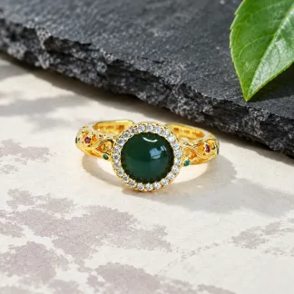 Grade A Gold Tone Blue Water Vintage Round Natural Jadeite Cabochon Ring S925 Silver · No. D0CE