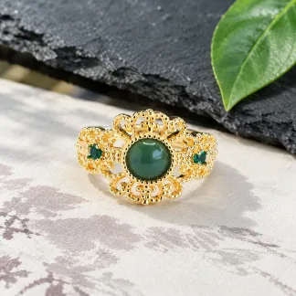 Grade A Gold Tone Blue Water Patterned Natural Jadeite Cabochon Ring S925 Silver · No. 9236