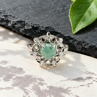 Grade A Blue Water Flower Trail Natural Jadeite Cabochon Ring S925 Silver · No. 238F