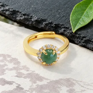 Grade A Gold Tone Blue Water Round Pavé Natural Jadeite Cabochon Ring S925 Silver · No. 0A07DD