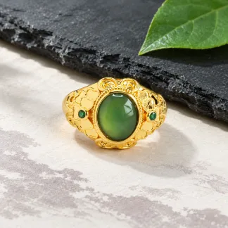 Grade A Gold Tone Blue Water Dewdrop Butterfly Natural Jadeite Cabochon Ring S925 Silver · No. E91F