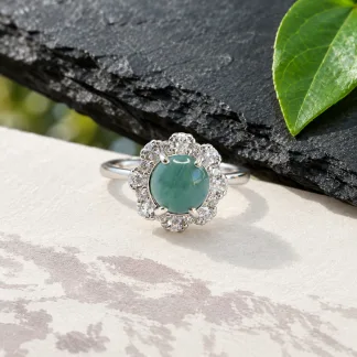 Grade A Blue Water Petal Pavé Natural Jadeite Cabochon Ring S925 Silver · No. FD8E