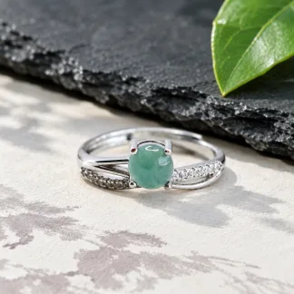 Grade A Blue Water Double Band Natural Jadeite Cabochon Ring S925 Silver · No. ECAC