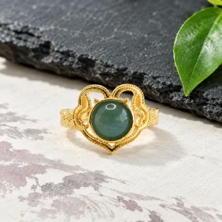 Grade A Gold Tone Blue Water Ruyi Natural Jadeite Cabochon Ring S925 Silver · No. 2DF9