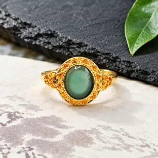 Grade A Gold Tone Blue Water Openwork Natural Jadeite Cabochon Ring S925 Silver · No. 94B9