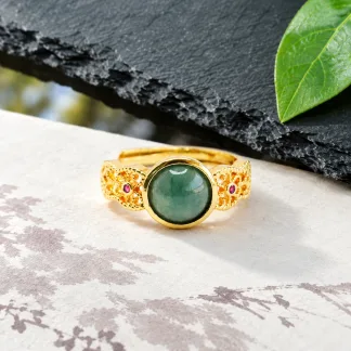 Grade A Gold Tone Blue Water Filigree Natural Jadeite Cabochon Ring S925 Silver · No. CC6C