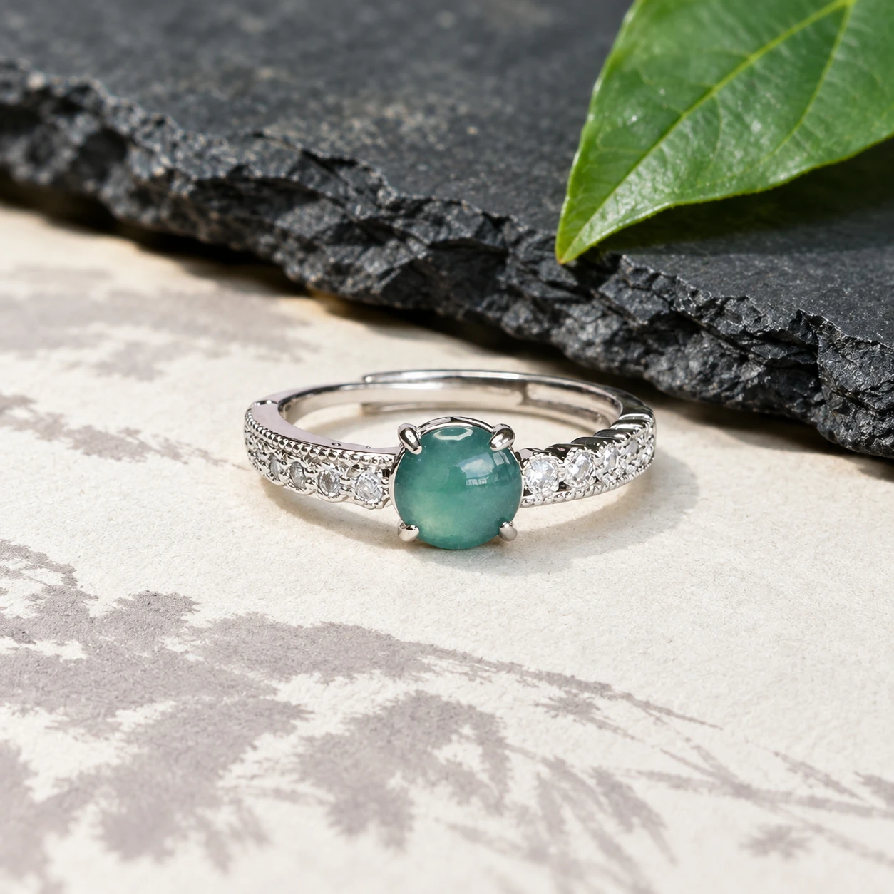 Grade A Blue Water Prong Pavé Row Natural Jadeite Cabochon Ring S925 Silver · No. D924