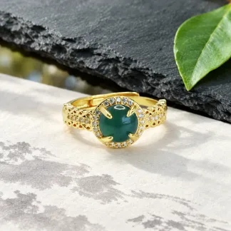 Grade A Gold Tone Blue Water Woven Natural Jadeite Cabochon Ring S925 Silver · No. 1909
