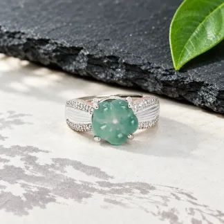 Grade A Blue Water Large Clover Natural Jadeite Ring S925 Silver · No. 0941