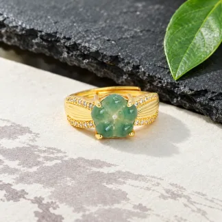 Grade A Gold Tone Blue Water Large Clover Natural Jadeite Ring S925 Silver · No. BE46