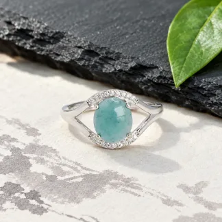 Grade A Blue Water Angel's Eye Natural Jadeite Cabochon Ring S925 Silver · No. 5EB1