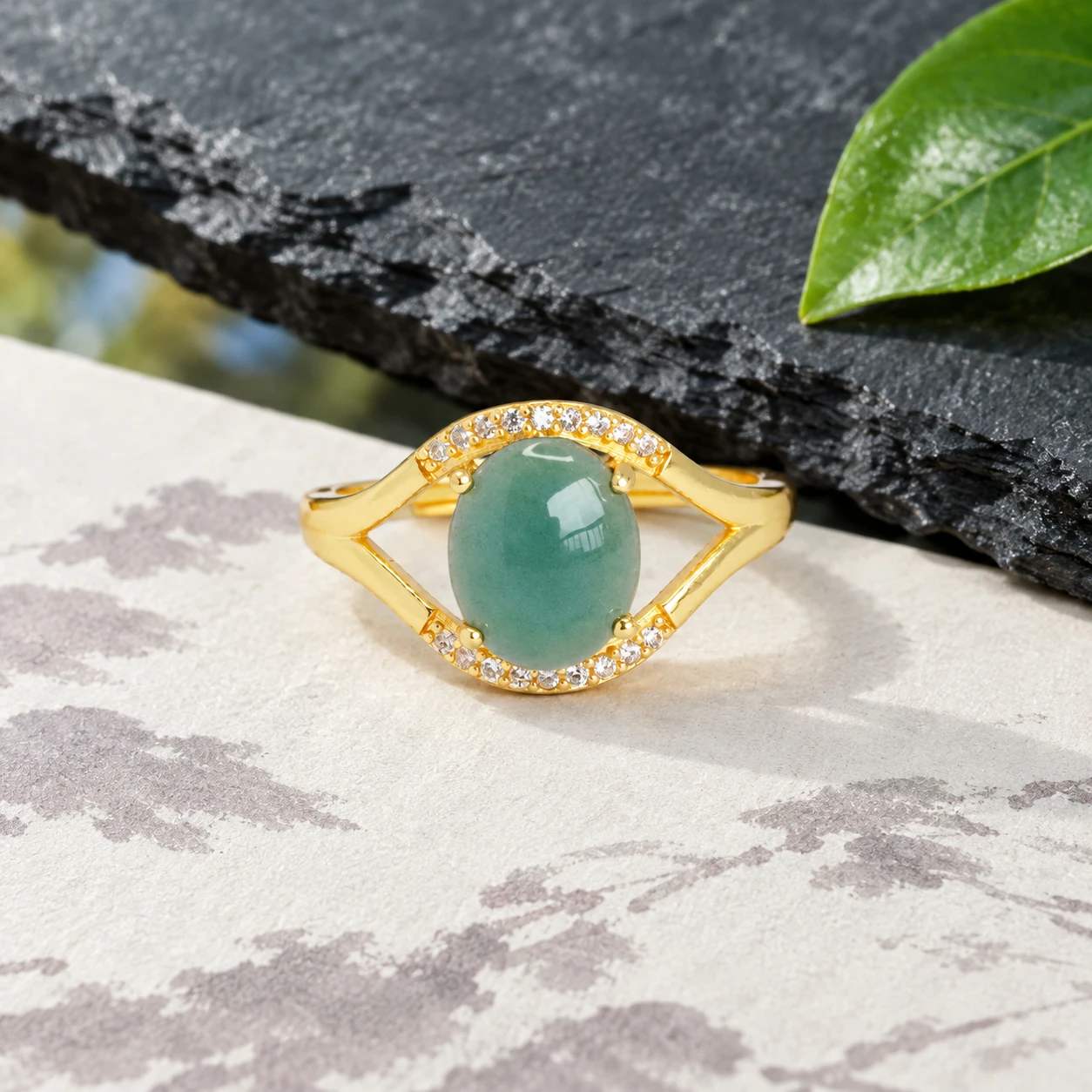 Grade A Gold Tone Blue Water Angel's Eye Natural Jadeite Cabochon Ring S925 Silver · No. DF59