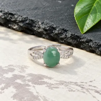 Grade A Blue Water Double Halo Prong Natural Jadeite Cabochon Ring S925 Silver · No. FDC4