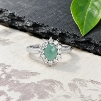 Grade A Blue Water Diana Halo Natural Jadeite Cabochon Ring S925 Silver · No. D6C0
