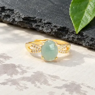 Grade A Gold Tone Blue Water Double Halo Prong Natural Jadeite Cabochon Ring S925 Silver · No. 57F5