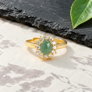Grade A Gold Tone Blue Water Diana Halo Natural Jadeite Cabochon Ring S925 Silver · No. 84FA