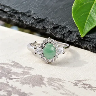 Grade A Blue Water Star Orbit Natural Jadeite Cabochon Ring S925 Silver · No. A441