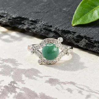 Grade A Blue Water Misty Dew Natural Jadeite Cabochon Ring S925 Silver · No. 4D73