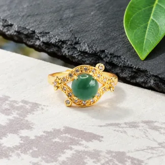 Grade A Gold Tone Blue Water Misty Dew Natural Jadeite Cabochon Ring S925 Silver · No. 3C3D