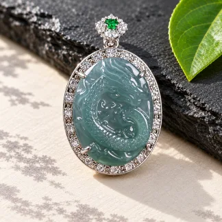 Grade A Blue Water Dragon Carved Natural Jadeite Pendant Halo Setting · No. FF2E
