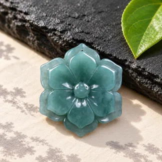 Grade A Blue Water Flower Carved Natural Jadeite Pendant · No. 2973