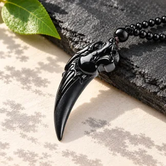 Grade A Black Jadeite Dragon Fang Pendant with Black Bead Chain · No. 10E480