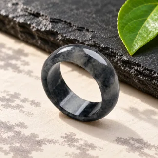 Grade A Wuji Black Natural Jadeite Band Ring · No. FDEC