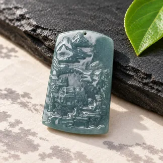 Grade A Blue Water Landscape Carved Natural Jadeite Plaque Pendant · No. AF21