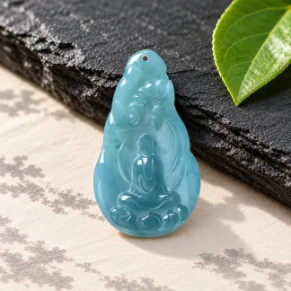Grade A Blue Water Seated Buddha Carved Natural Jadeite Pendant · No. 7330